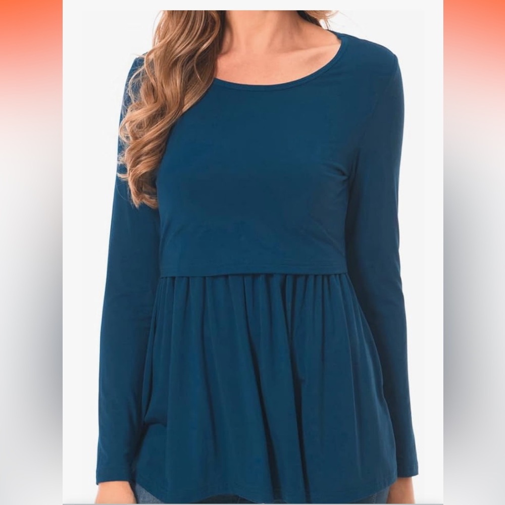 New maternity elegant Blue Long Sleeve maternity top for nursing 👨‍🍼 scoop neck